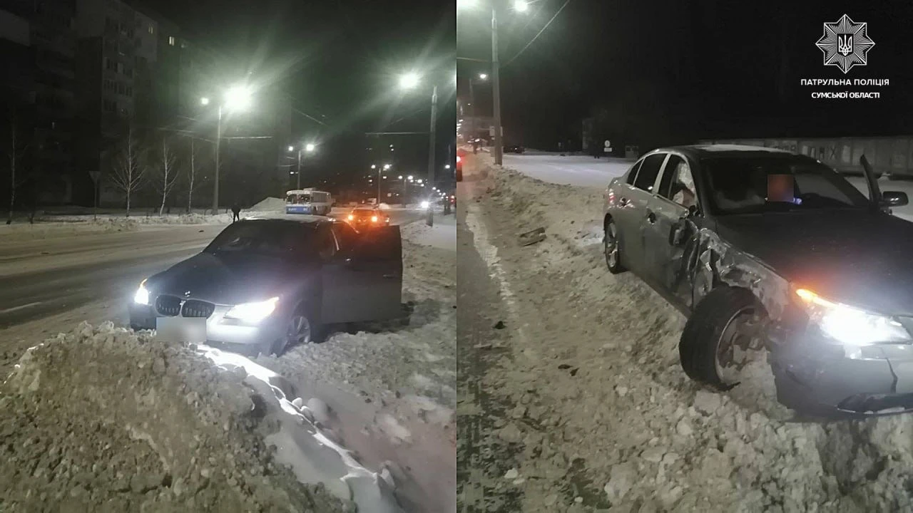 Вечірня ДТП у Сумах: нетверезий водій BMW не впорався з керуванням і врізався у тролейбус