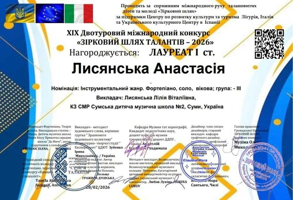 Учні сумської музичної школи здобули міжнародні нагороди на конкурсі юних піаністів