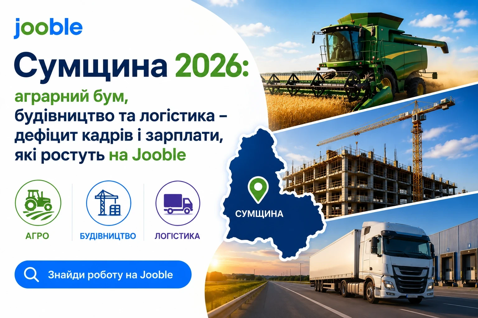 Сумщина 2026: аграрний бум, будівництво та логістика – дефіцит кадрів і зарплати, які ростуть на Jooble